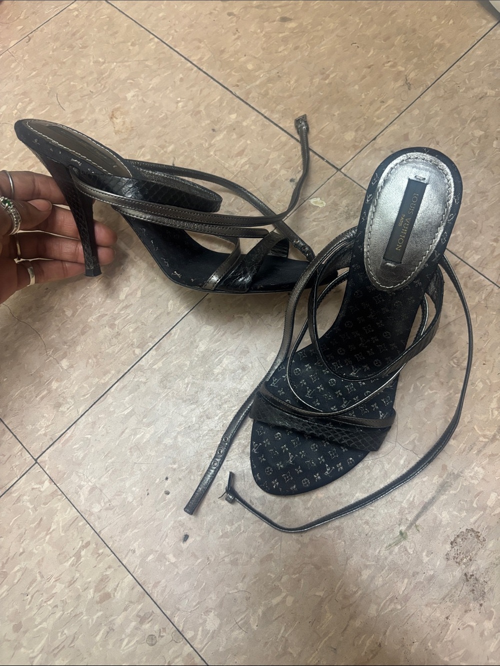 Louis Vuitton Black Snakeskin Gray Monogam Soles Strappy
Heeled Sandals